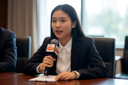 体育新闻发布现场，记者在发布会上记录信息